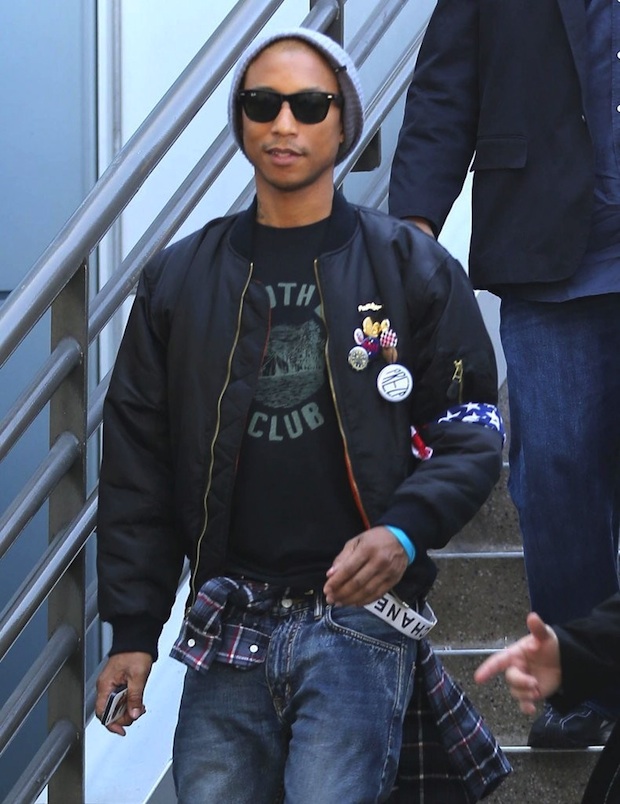Pharrell-Williams-Ray-Ban-Sunglasses-black-flight-bomber-jacket-chanel-suspenders-Timberland-boots-1