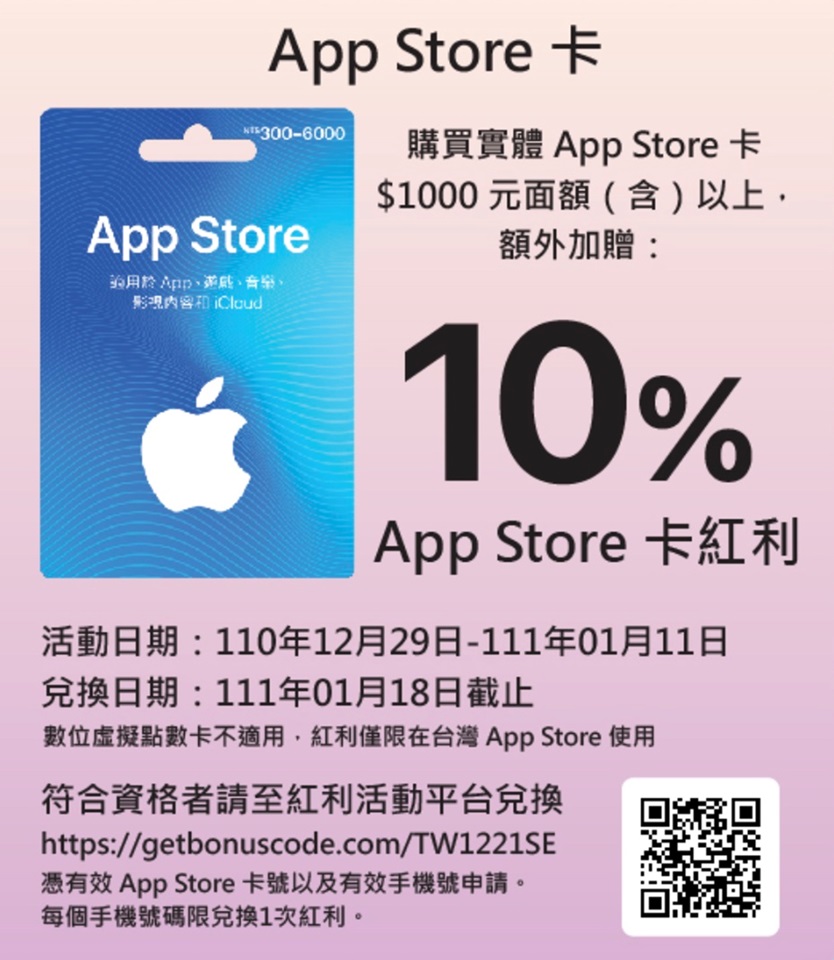 台灣蘋果宣布即日起在超商購買超過一千元以上的實體 App Store 卡，就能額外獲得 10% 的加贈紅利金額