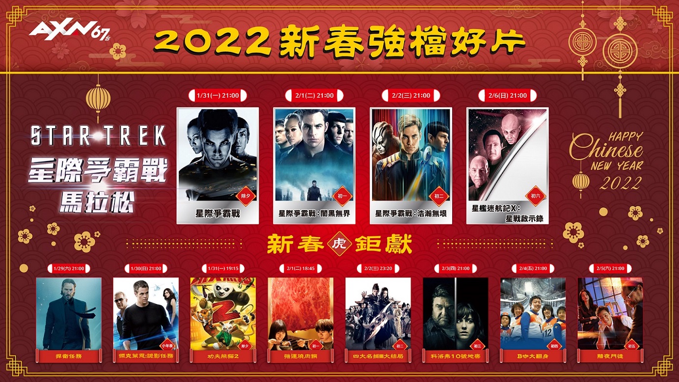 春節九天連假即將到來，AXN 67 頻道準備最具影響力的科幻鉅作《星際爭霸戰》系列電影，以馬拉松式連播陪伴大家一起過年。春假前更加碼獻映「超憶症題材」美劇《記憶神探》以及多部「黃金強檔」片單和「AXN 虎年限定福袋贈禮企劃」接續登場，讓你過年宅家追劇也能嗨翻天。