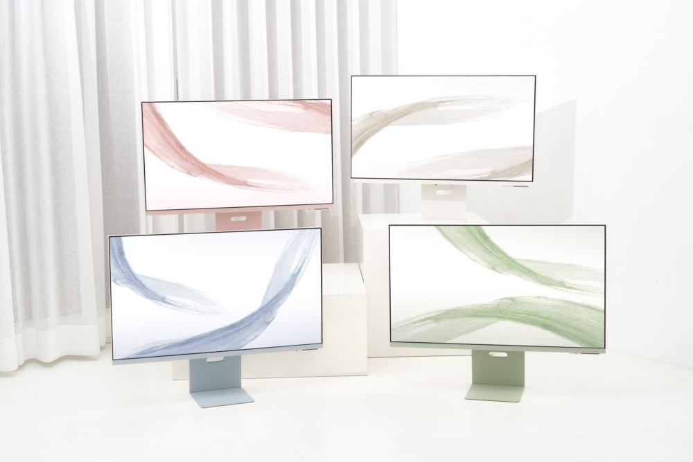 三星智慧聯網螢幕 Smart Monitor M8 共推出象牙白、薔薇粉、湖水綠、夕霧藍四種低彩度配色。