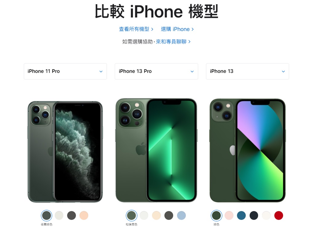 iPhone 11 Pro夜幕綠顏色較深，而iPhone 13 Pro松嶺青則更有山青水綠的質感。