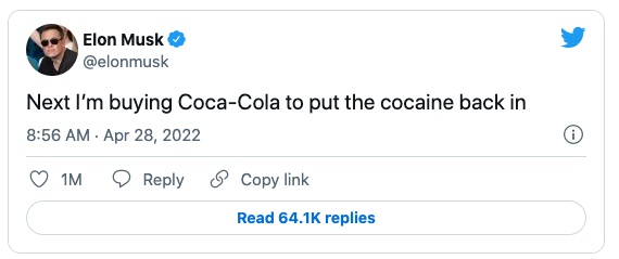 Elon Musk 表示下一步將買下可口可樂，並將古柯鹼配方加回！