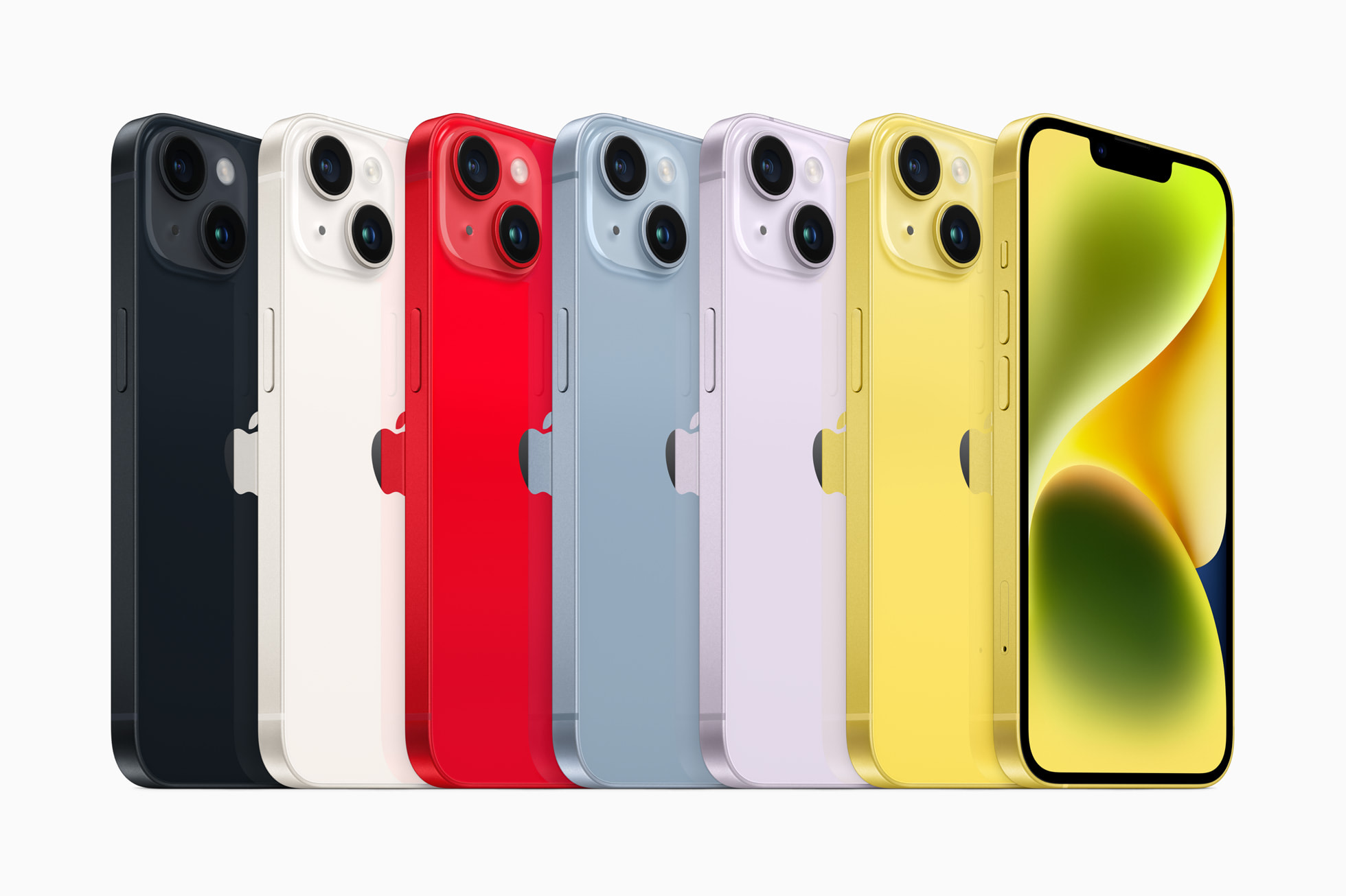 iPhone 14 和 iPhone 14 Plus 提供六種亮麗顏色：午夜色、星光色、(PRODUCT)RED、藍色、紫色，以及全新的黃色。