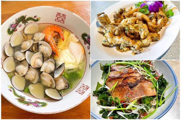 臺南新入選必比登推介：誠實鍋燒意麵、黑琵食堂（右上）、吃麵吧（右下）。（© MICHELIN）