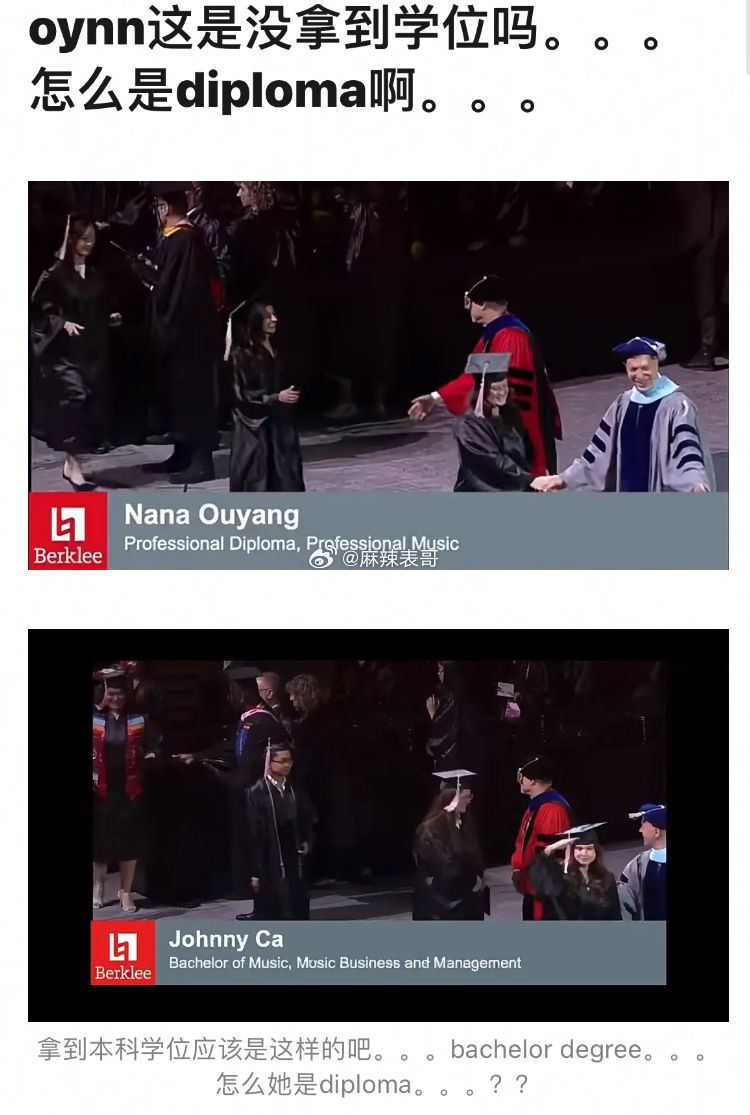 有網友發現歐陽娜娜畢業拿的是文憑非學位。（圖：微博）