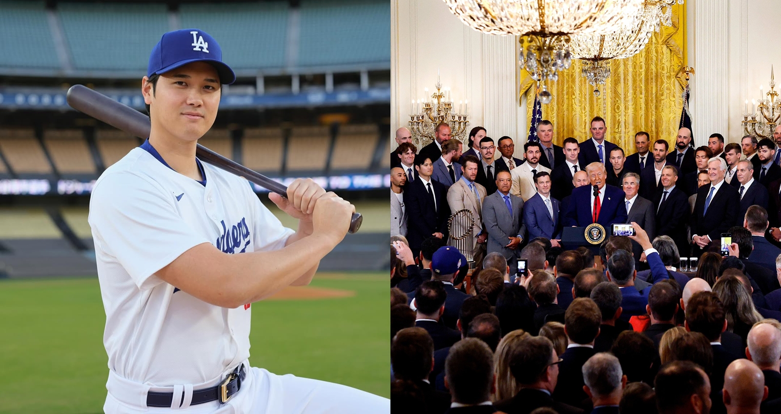 MLB道奇隊7日受邀進入白宮，其中大谷被川普點名像電影明星一樣。（圖：X）