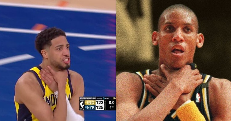 在東區冠軍賽首戰完成 14 分大逆轉後，印第安那溜馬球星 Tyrese Haliburton 以經典「鎖喉」手勢慶祝，致敬隊史傳奇 Reggie Miller。但這一幕卻也引來熱議，因為那球並不是絕殺，Haliburton賽後坦言：「我做得太早了。」