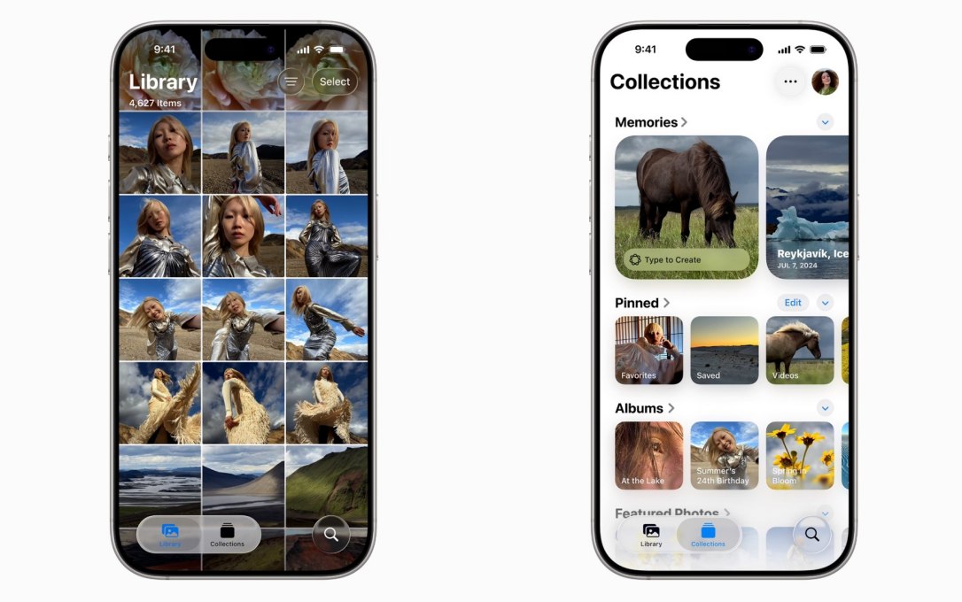「照片」app 更新後，提供分別檢視「圖庫」與「精選集」的標籤頁。