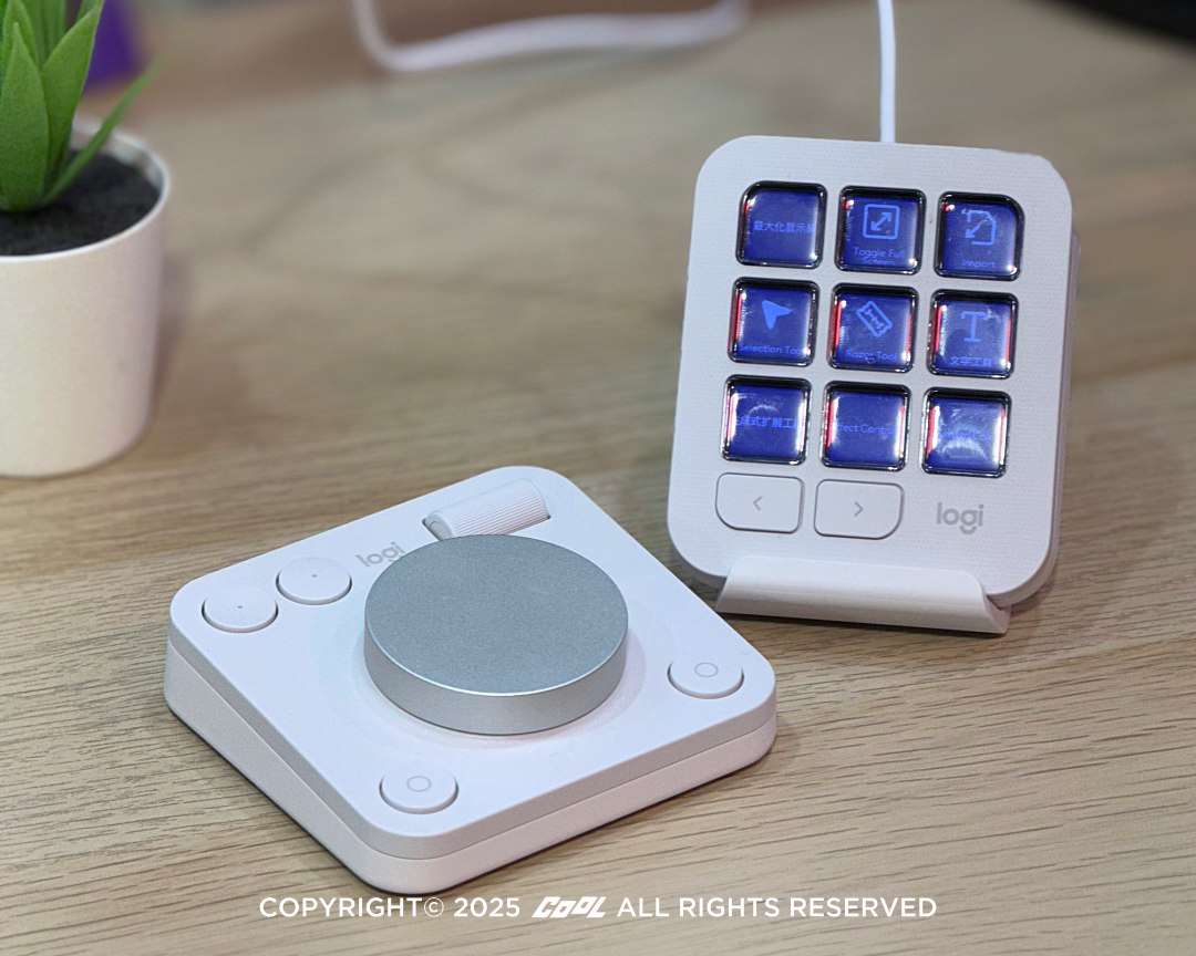 Logitech MX Creative Console創作者主控台共分成兩部分：配有9宮格自定義按鈕的「創作者按鍵盤」以及「創作者控制旋鈕」。