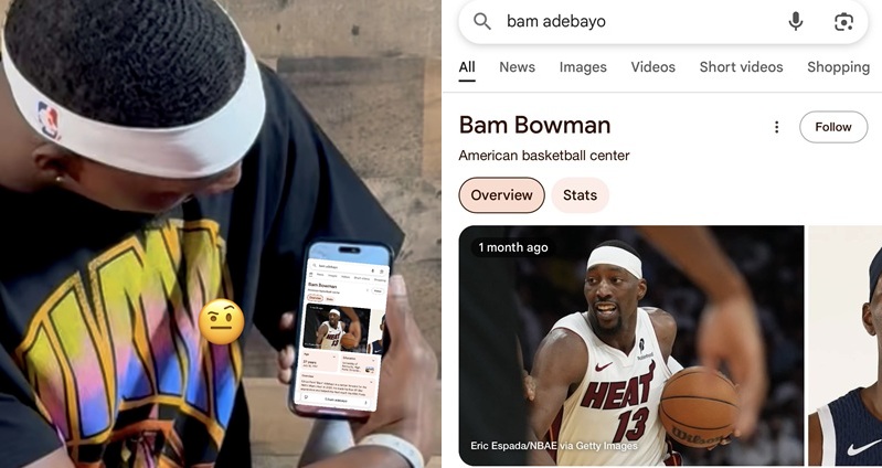 邁阿密熱火隊當家中鋒 Bam Adebayo 近日在 Google 搜尋自己名字時，竟發現搜尋結果中的個人簡介顯示為「Bam Bowman」，這場荒謬錯誤在網路上引發熱議，也讓社群媒體掀起一陣嘲諷風暴。