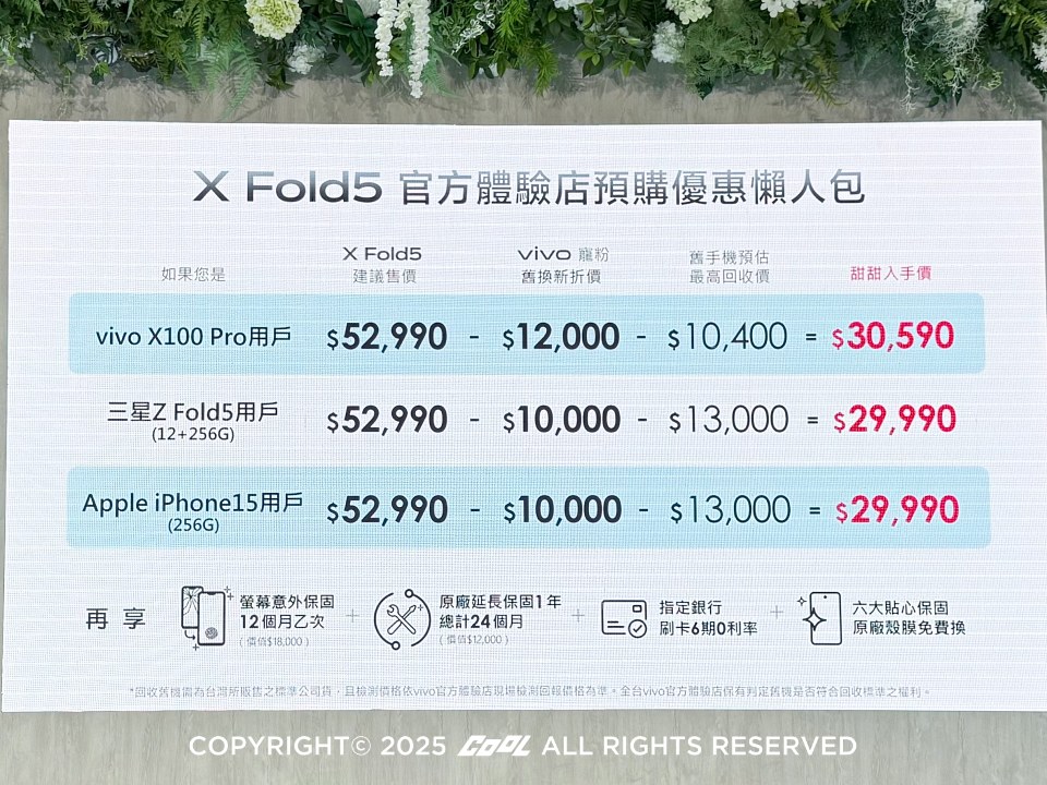 即日起至8/3,vivo X Fold5展開超值預購優惠,舊換新最高折抵12,000元