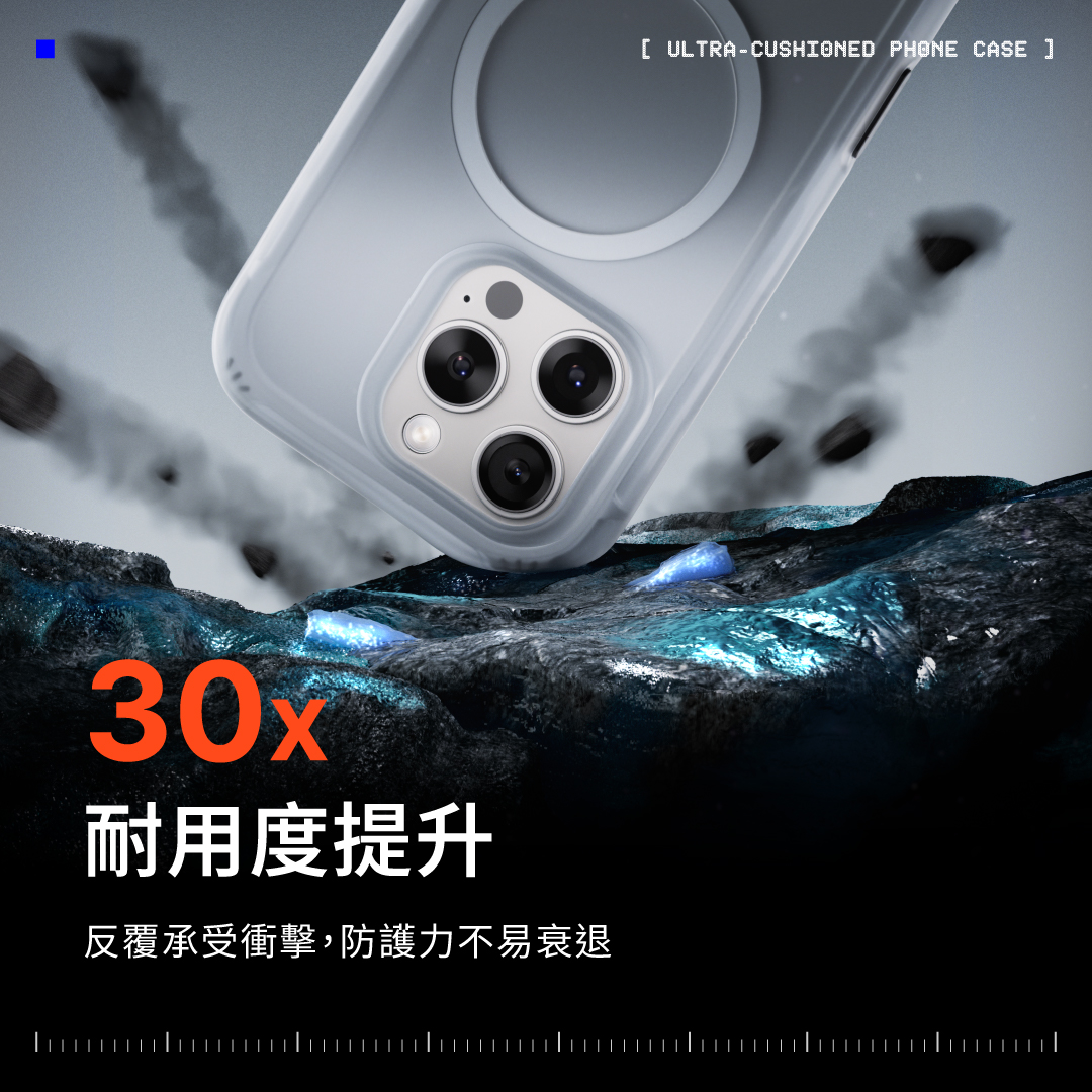 通過實驗室環境的 1.2m 反覆翻滾落摔測試,AirX 耐用度相較一般手機殼高出 30 倍,防護力持久不易衰退。