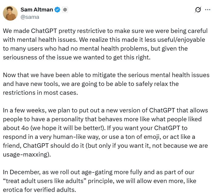 OpenAI 執行長 Sam Altman 近日在 X（前 Twitter）上拋出震撼彈，宣布 ChatGPT 將於 12 月迎來一波「大尺度更新」