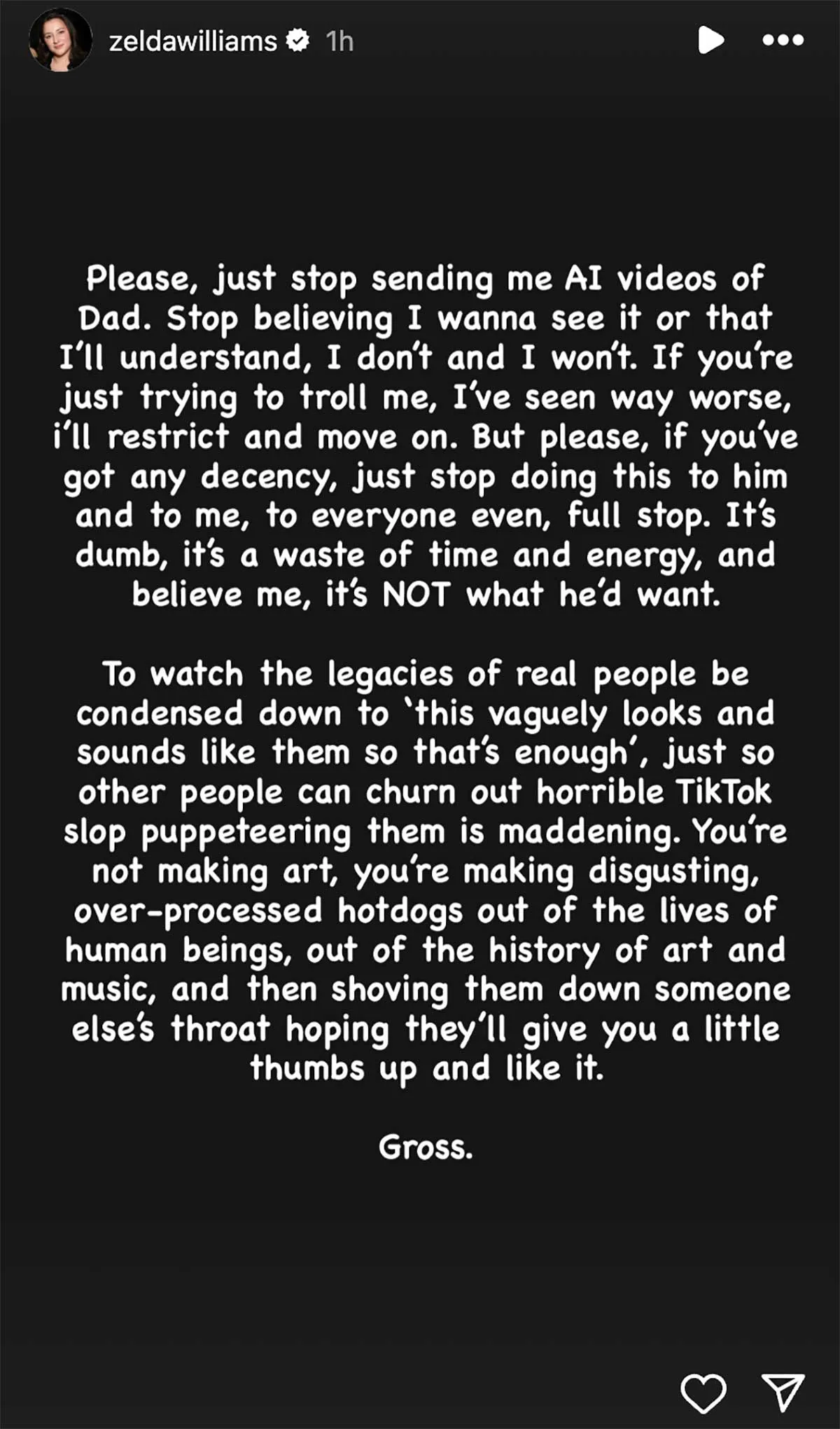 知名已故喜劇演員羅賓威廉斯女兒怒斥：「不要再傳我爸的 AI 影片給我了！」