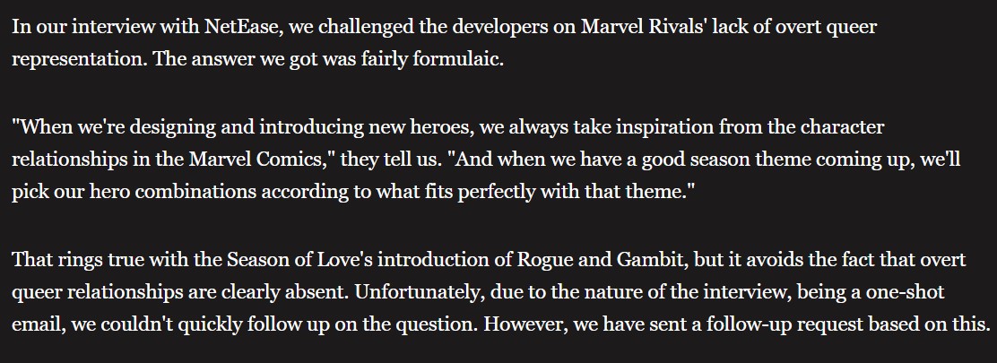 《TheGamer》原文表示他們針對 LGBTQ+ 元素過少向團隊提出詢問。