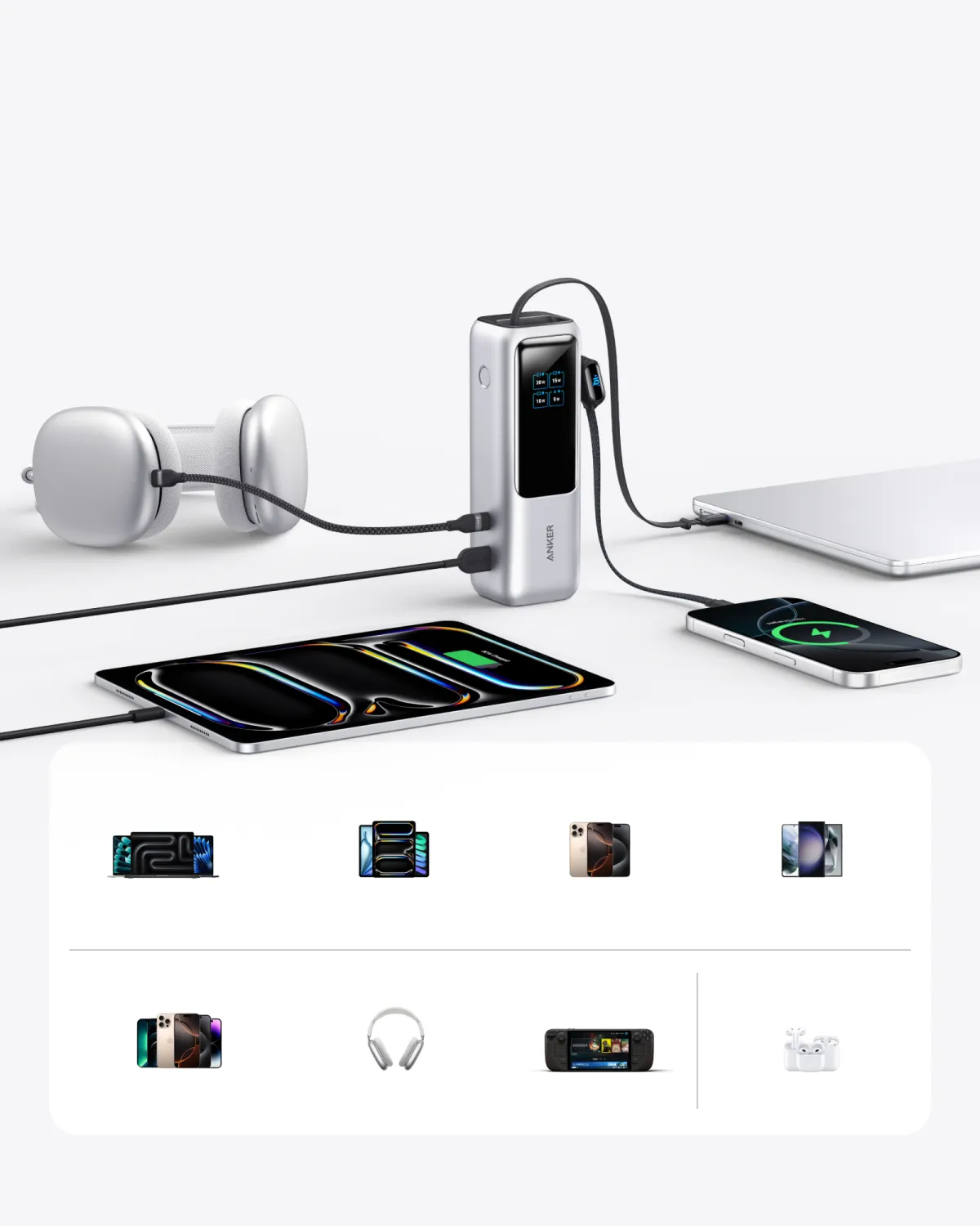 ANKER A1695 自帶伸縮線行動電源最多可同時為四台裝置充電。