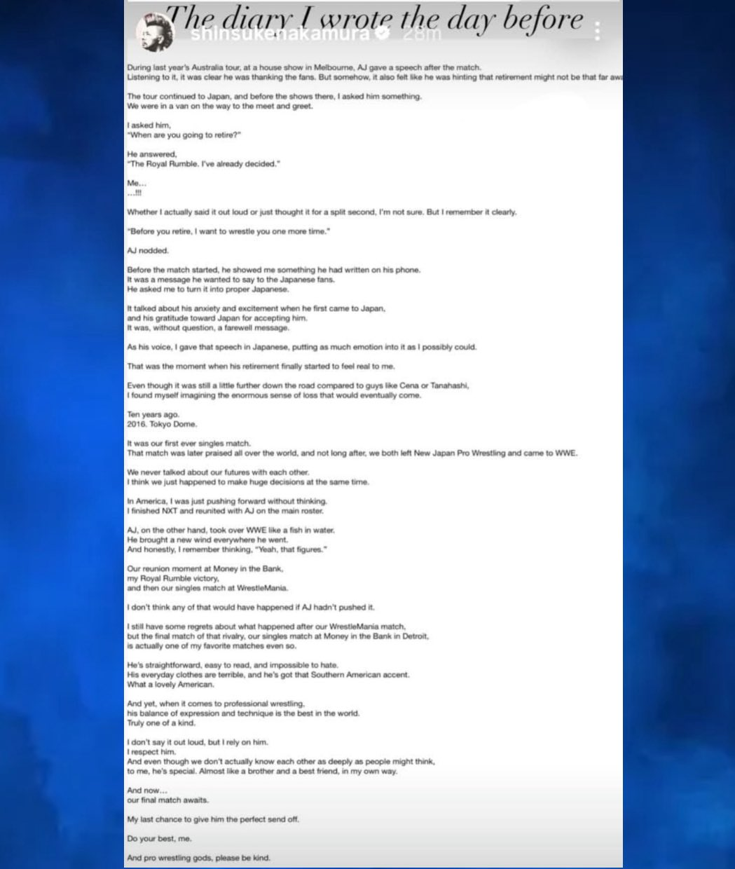 中邑真輔的限時動態透露 AJ 即將退役。