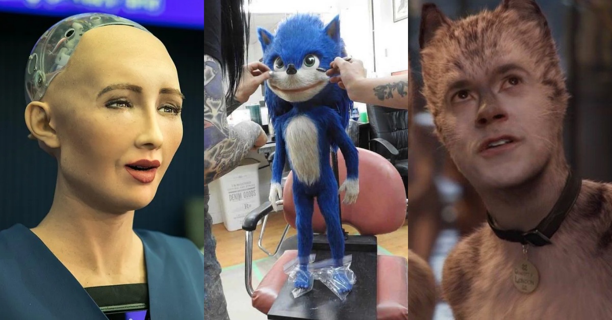 由左至右分別是：索菲亞、「崩壞小子」（Ugly Sonic）及電影《貓》。