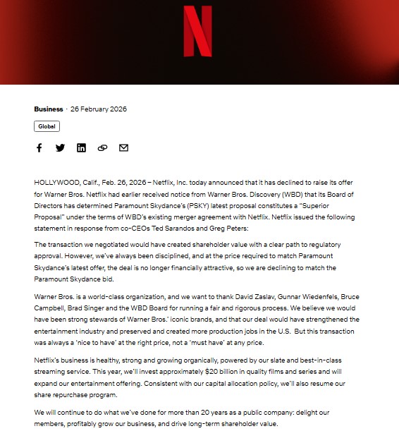 Netflix 公開聲明放棄收購。