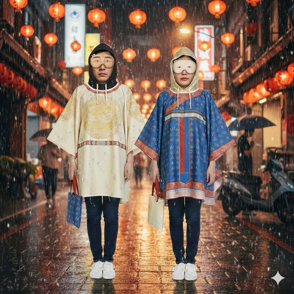 故宮最新推出的兩款斗篷式雨衣「朕不為雨愁了－皇帝護駕雨服」與「本宮不為雨愁了－皇后護駕雨服」