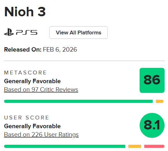 《仁王3》口碑表現相當不錯。