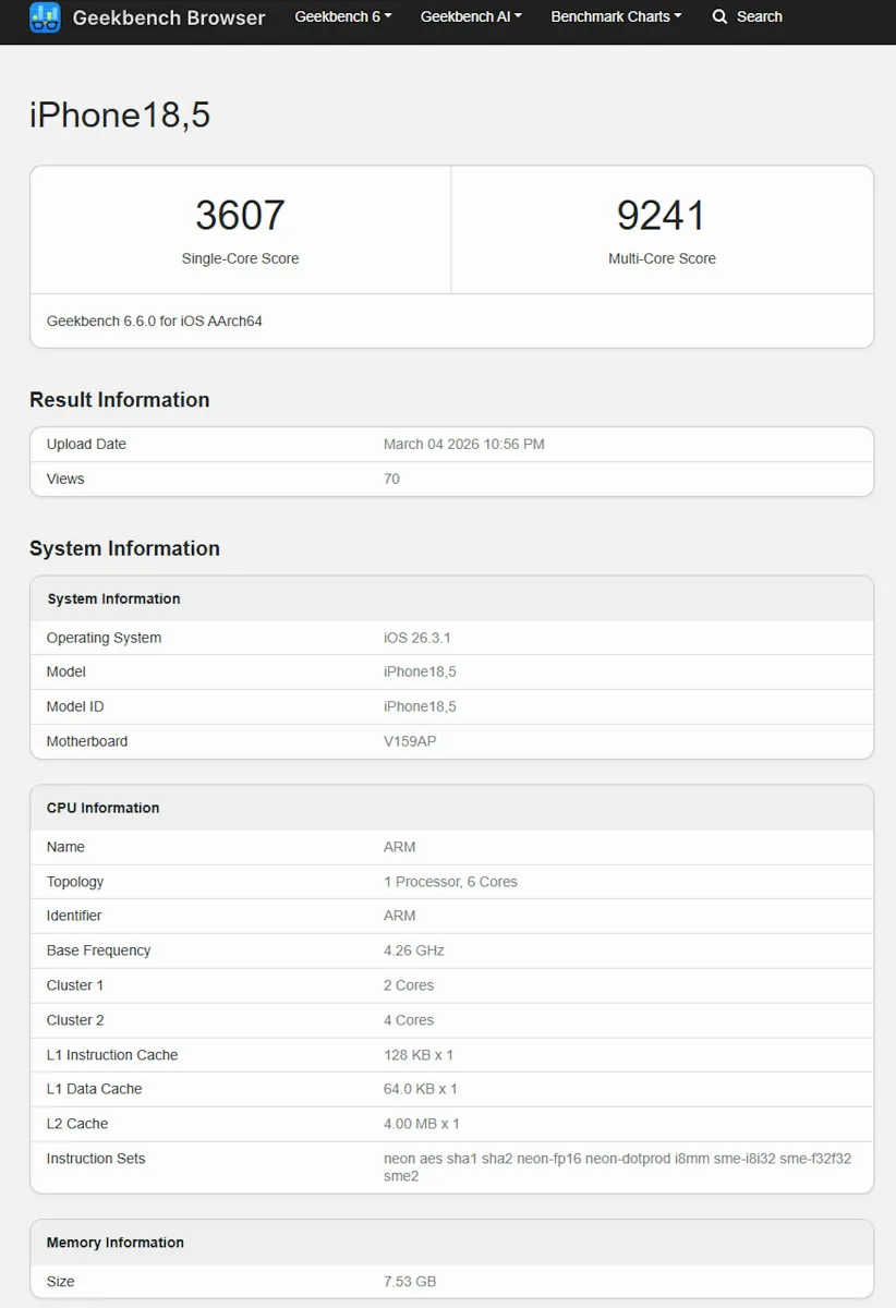 根據 Geekbench 6 的最新跑分數據顯示，iPhone 17e 的多核心 CPU 成績最高達到 9241 分