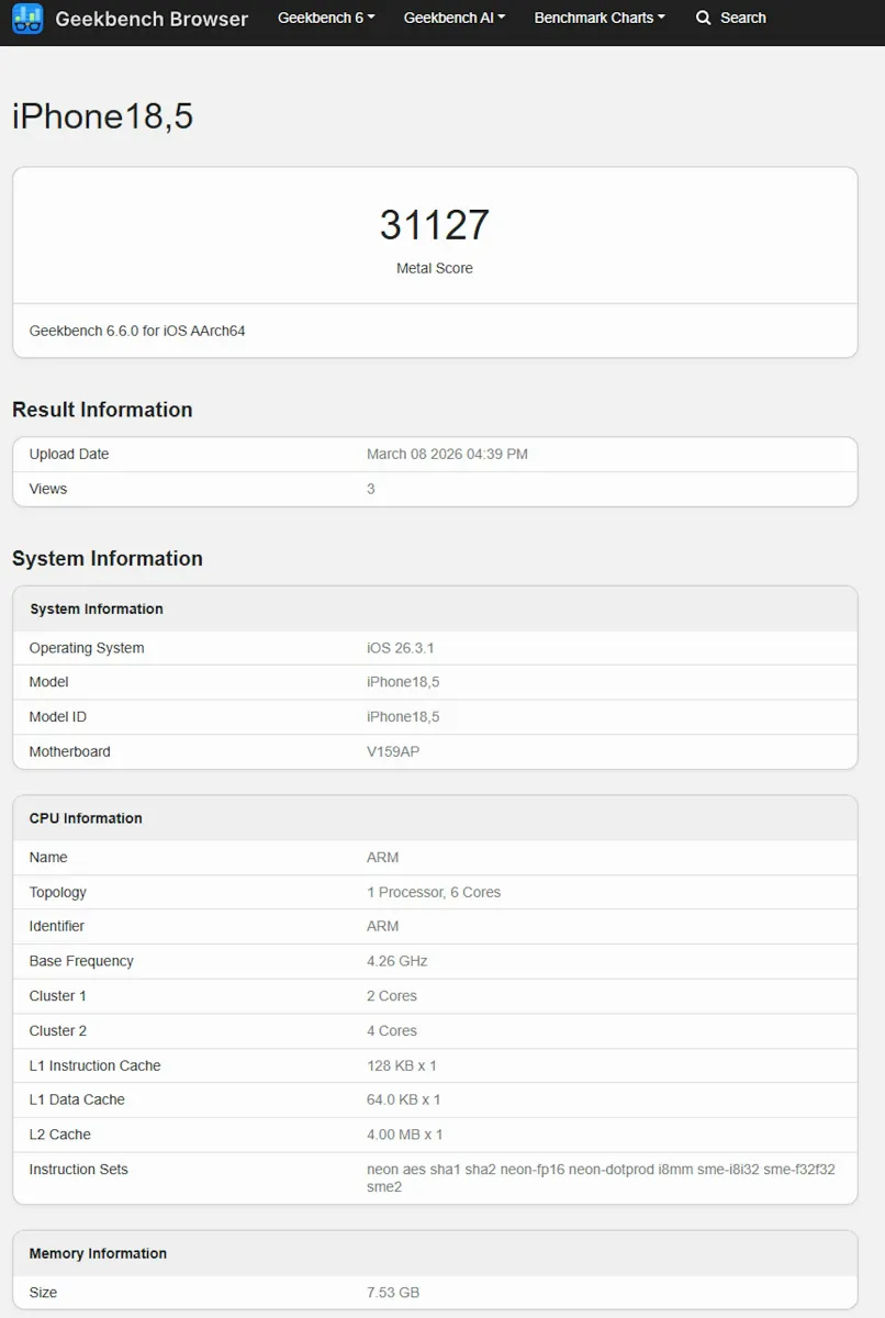 iPhone 17e 的 Metal 測試分數約落在 31,000 至 31,500 分