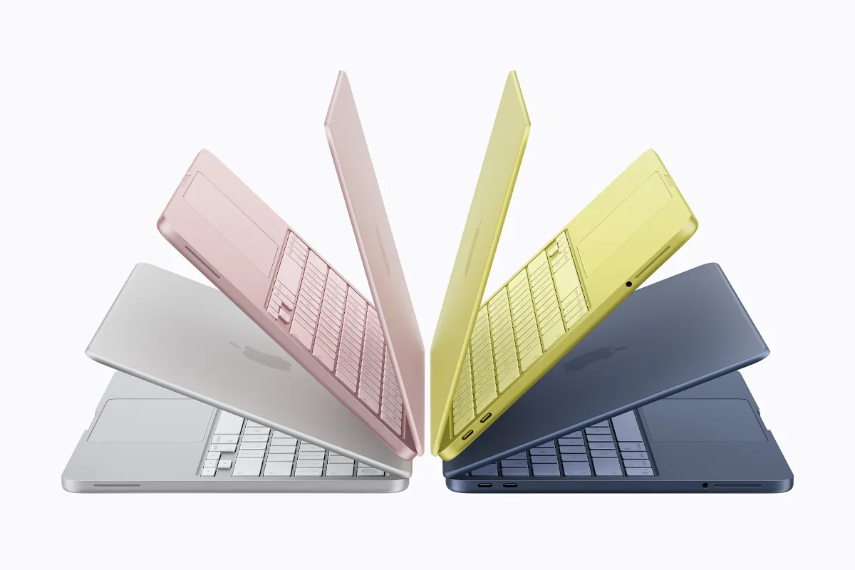 MacBook Neo 延續了強韌的鋁金屬機身,共推出四款繽紛配色:銀色、靛青色、胭粉色 以及青橘黃色。