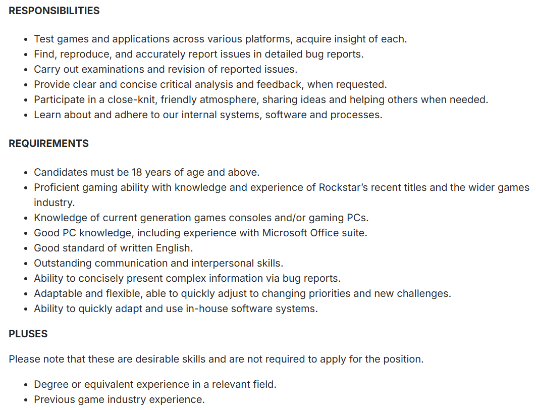 R 星所開出的招募要求。