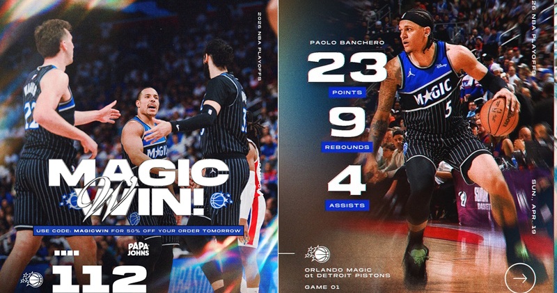 奧蘭多魔術於週日晚間的季後賽首輪第一戰中，展現了強烈的爆冷氣勢。在 Paolo Banchero 全場 23分、9 籃板及4 助攻的領軍下，身為第8種子的魔術隊以 112:101 擊敗東區龍頭底特律活塞，不僅搶下系列賽首勝，更讓活塞隊寫下難堪紀錄，延續了NBA 史上最長的季後賽主場連敗。