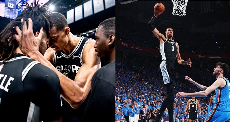 NBA區部決賽首戰今日點燃戰火，聖安東尼奧馬刺與奧克拉荷馬雷霆在俄克拉荷馬城展開一場雙延長賽的史詩級惡戰。馬刺隊年僅22歲的7呎4吋不世出奇才 Victor Wembanyama 全場大殺四方，狂飆41分與24籃板，更在比賽壓力登頂時投進驚天動地的超遠追平三分球，強悍表現震撼全美，率領馬刺在客場以1：0拔得頭籌。