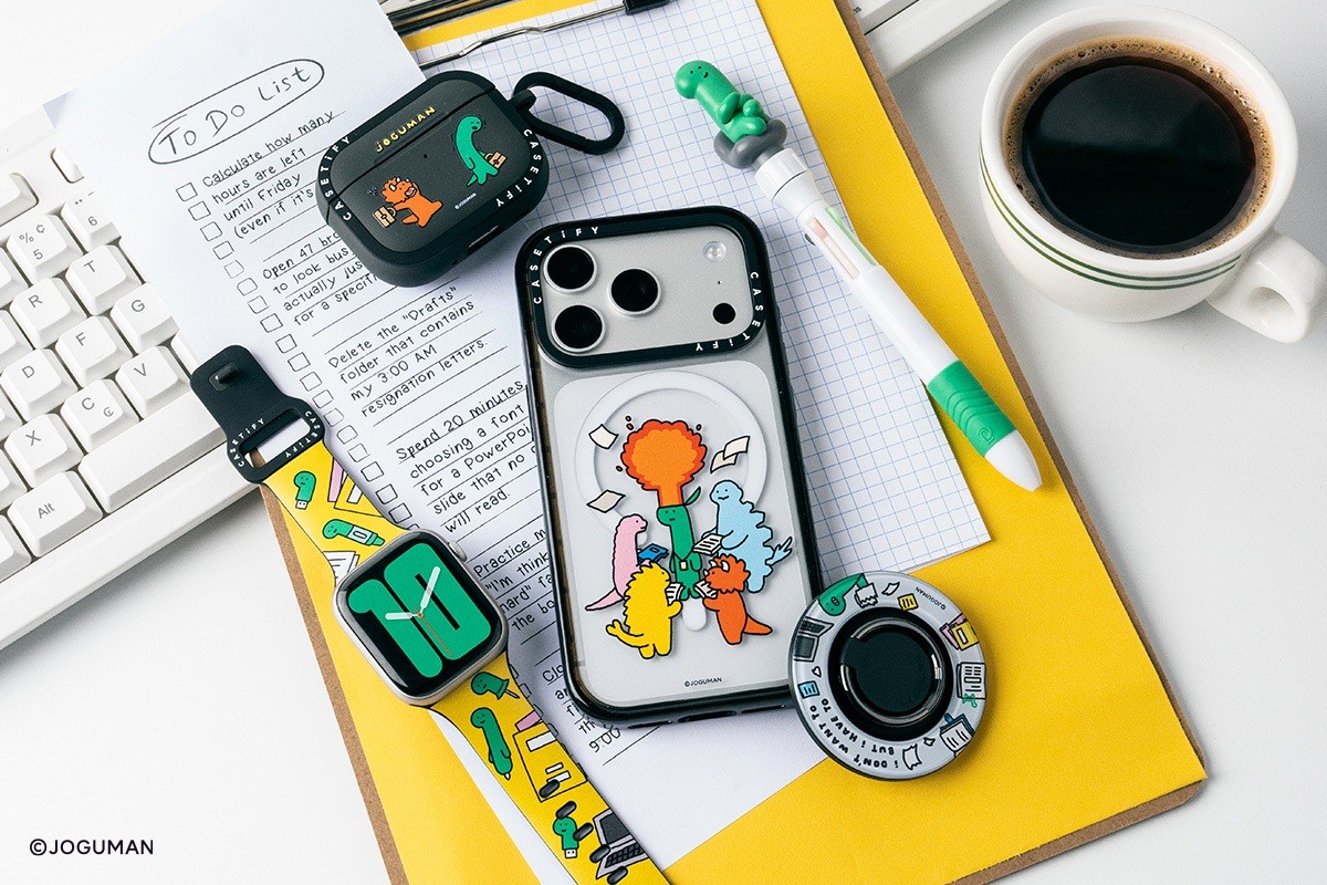 CASETiFY 全新推出綠色恐龍 Brachio 被文件、咖啡包圍，還有被恐龍同事們圍著請求協助的繁忙時刻等一系列印花設計