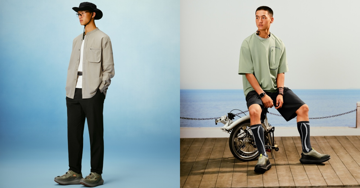 (左)【ECCO x White Mountaineering 限量聯名系列】男式口袋長袖襯衫 茶綠色 6,800、男式梭織長褲 黑色 NT6,800、【BIOM 2.2 MAX】混血運動休閒涼鞋 草綠色/茶綠色 NT8,380;(右)【ECCO x White Mountaineering 限量聯名系列】男式梭織短袖T恤 茶綠色 NT4,600、男式梭織短褲 黑色 NT5,800、【BIOM 2.2 MAX】套入式運動休閒男鞋 黑色/軍綠色/煙草綠/草綠色 NT8,980