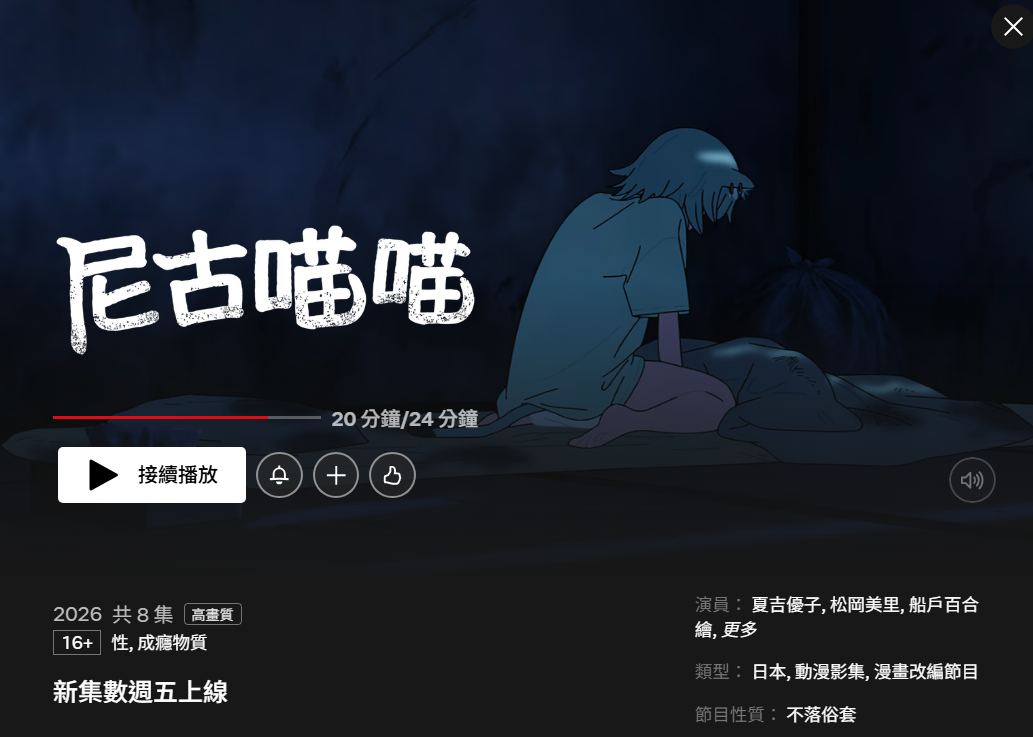 Netflix 台灣目前仍保留《尼古喵喵》作品頁面